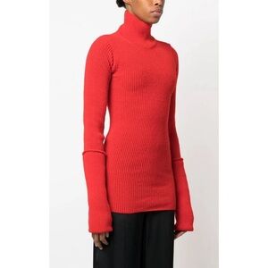 Quira Women's Red Ribbed-Knit Roll-Neck Jumper Pullover Sweater Size Small Wool